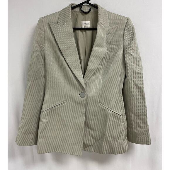 ARMANI COLLEZIONI Silk & Wool Single Button Striped Blazer Jacket Size 8 Grey - Picture 1 of 14
